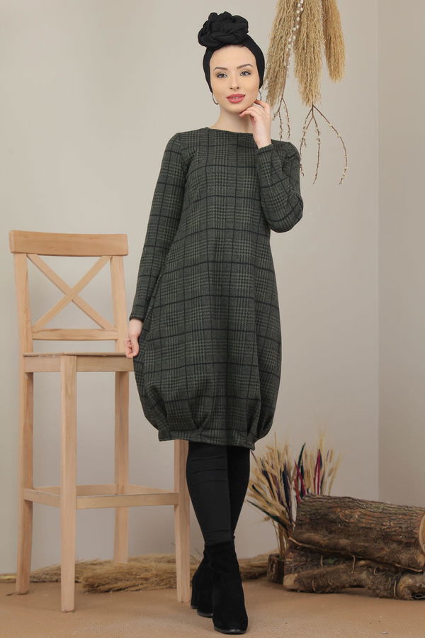 Düz Orta Kadın Haki Ekose Tunik Haki  - 5202 HAKİ