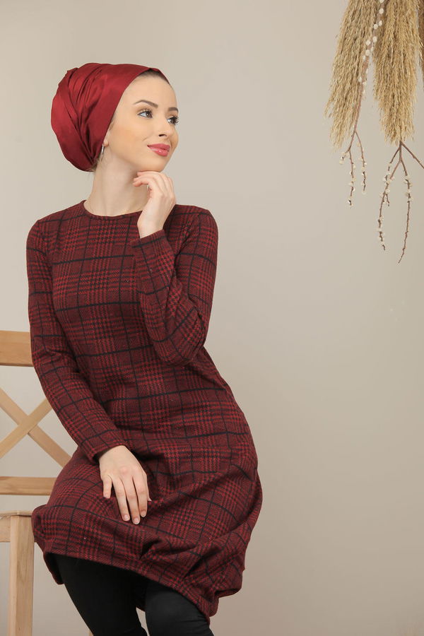 Düz Orta Kadın Bordo Ekose Tunik Haki  - 5202 BORDO