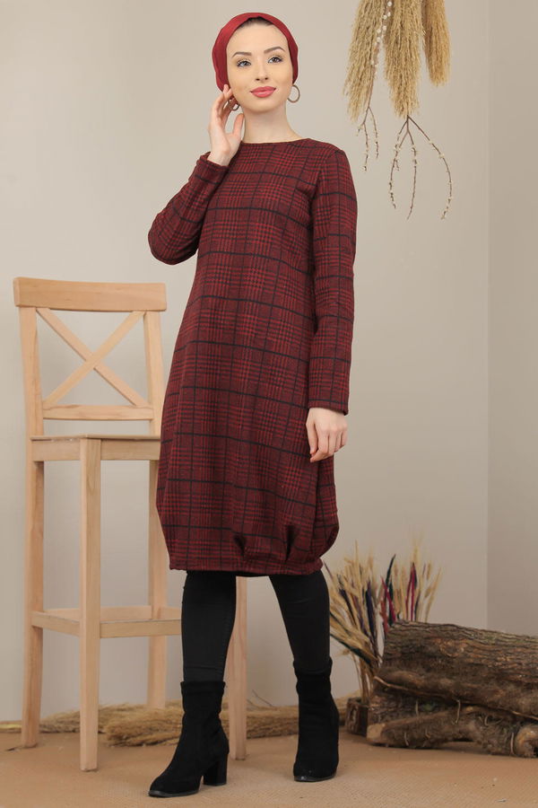 Düz Orta Kadın Bordo Ekose Tunik Haki  - 5202 BORDO