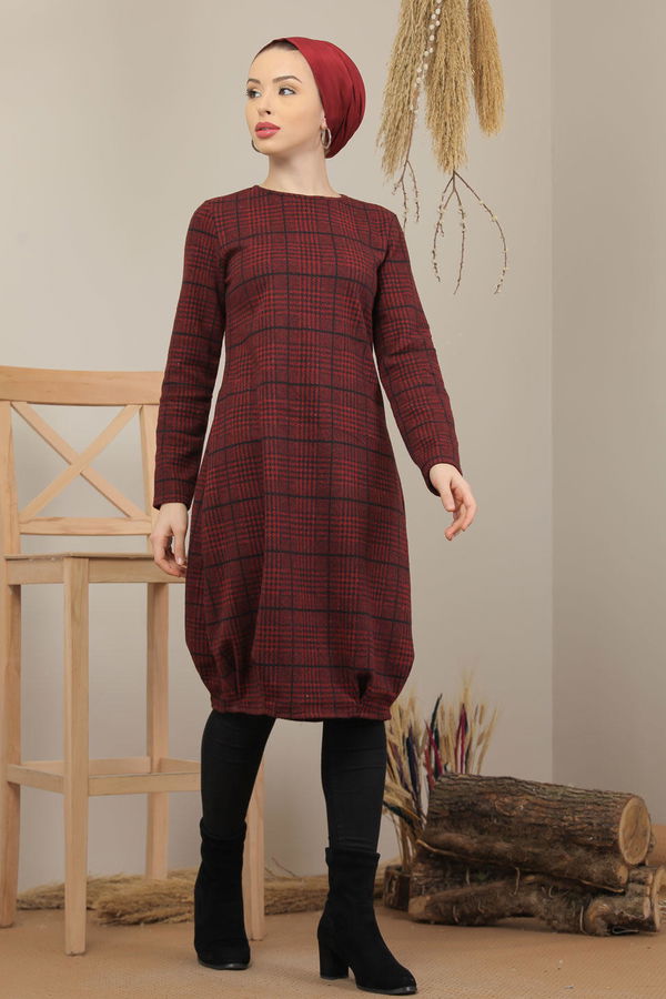 Düz Orta Kadın Bordo Ekose Tunik Haki  - 5202 BORDO