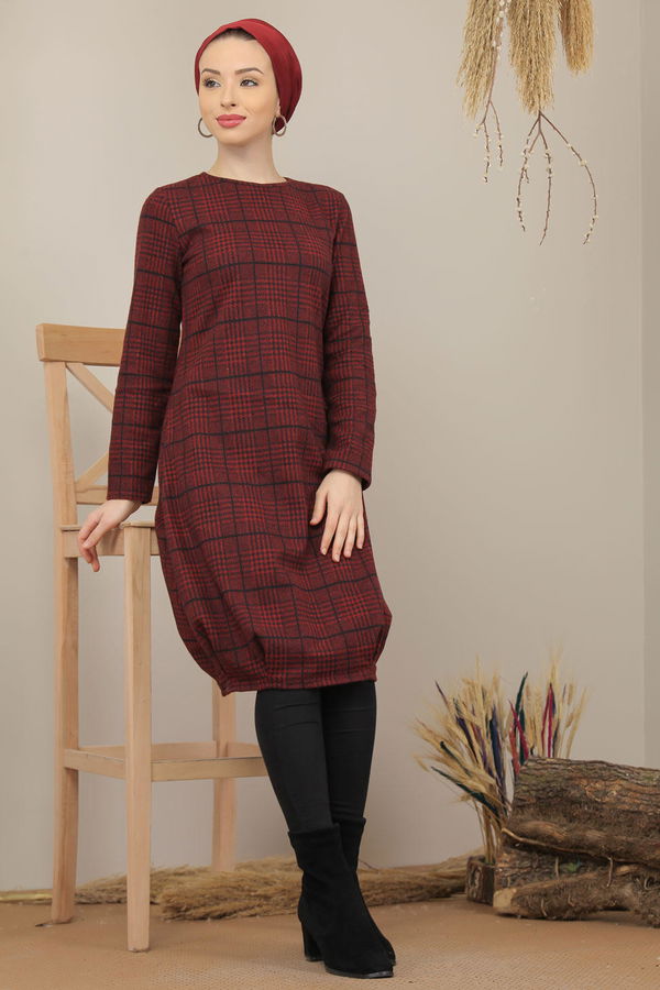 Düz Orta Kadın Bordo Ekose Tunik Haki  - 5202 BORDO