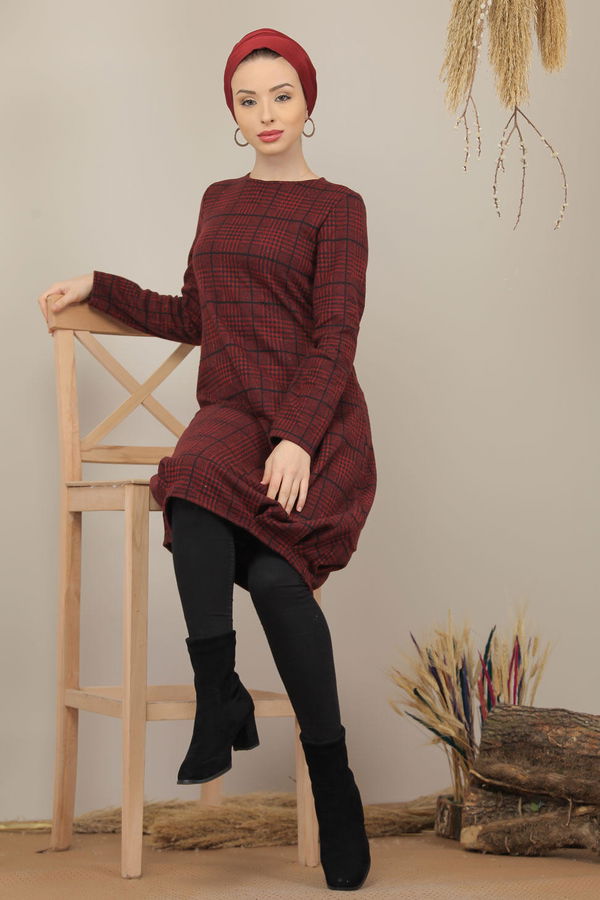 Düz Orta Kadın Bordo Ekose Tunik Haki  - 5202 BORDO