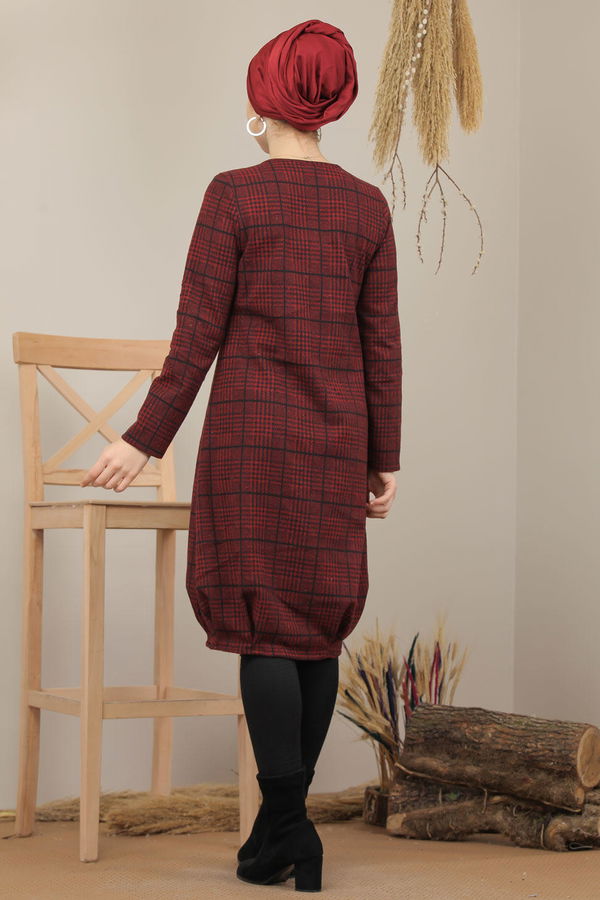 Düz Orta Kadın Bordo Ekose Tunik Haki  - 5202 BORDO