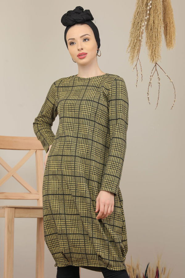 Düz Orta Kadın Sarı Ekose Tunik Haki  - 5202