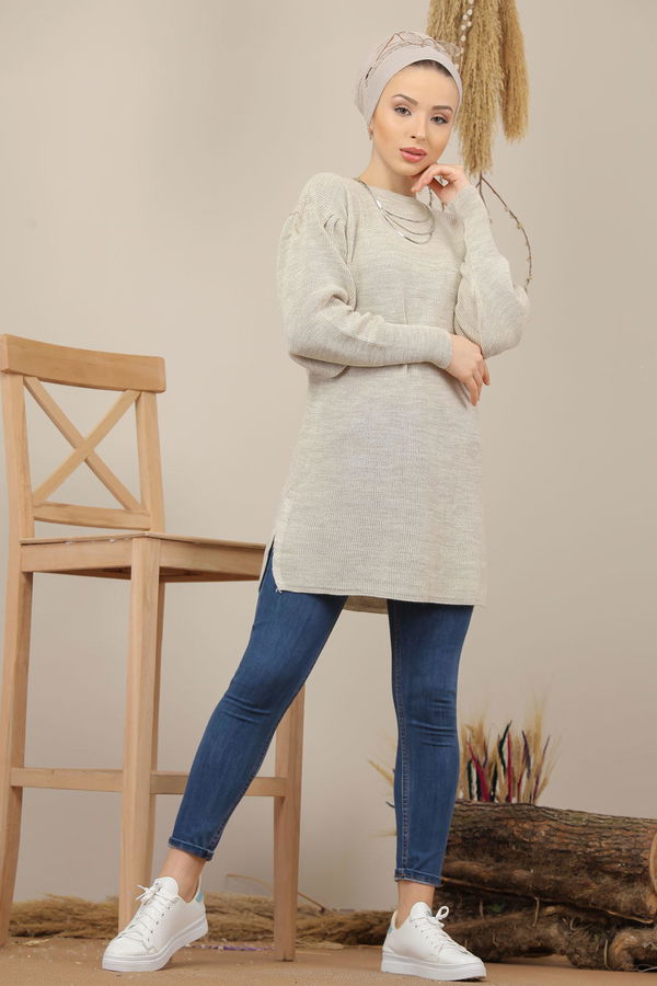 Düz Orta Kadın Bej Triko Tunik Siyah  - 7930 BEJ