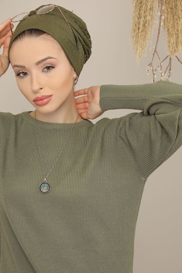 Düz Orta Kadın Haki Triko Tunik Siyah  - 7930 HAKİ