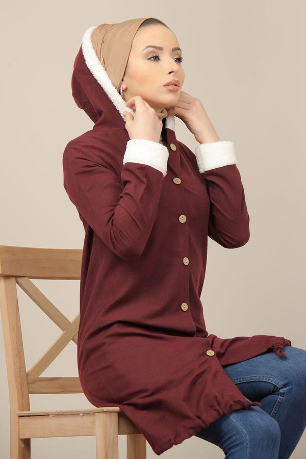 Düz Orta Kadın Bordo Peluş Detay Tunik  - 7983