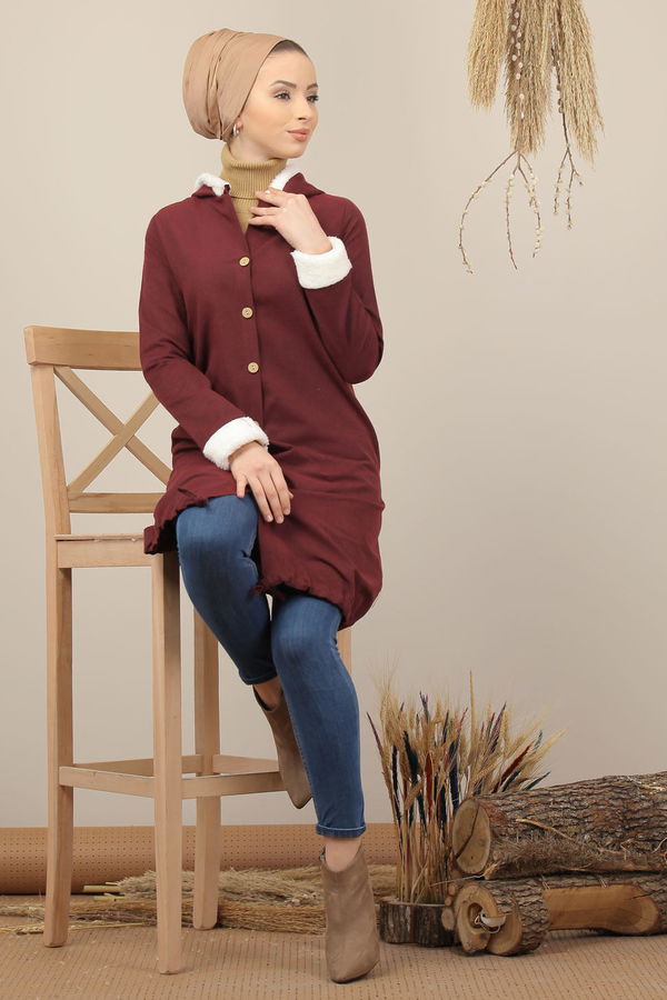 Düz Orta Kadın Bordo Peluş Detay Tunik  - 7983