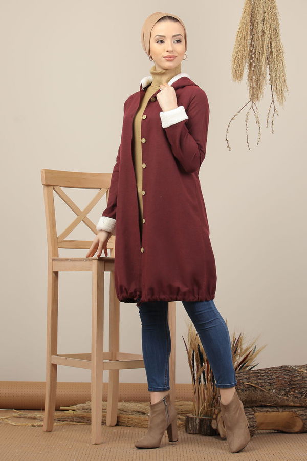 Düz Orta Kadın Bordo Peluş Detay Tunik  - 7983
