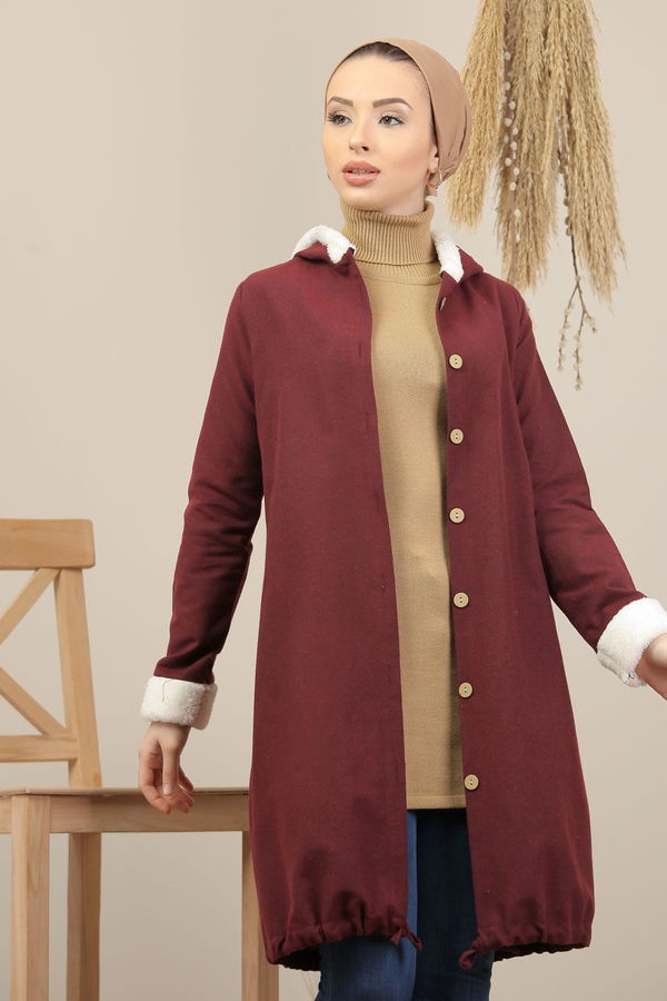 Düz Orta Kadın Bordo Peluş Detay Tunik  - 7983