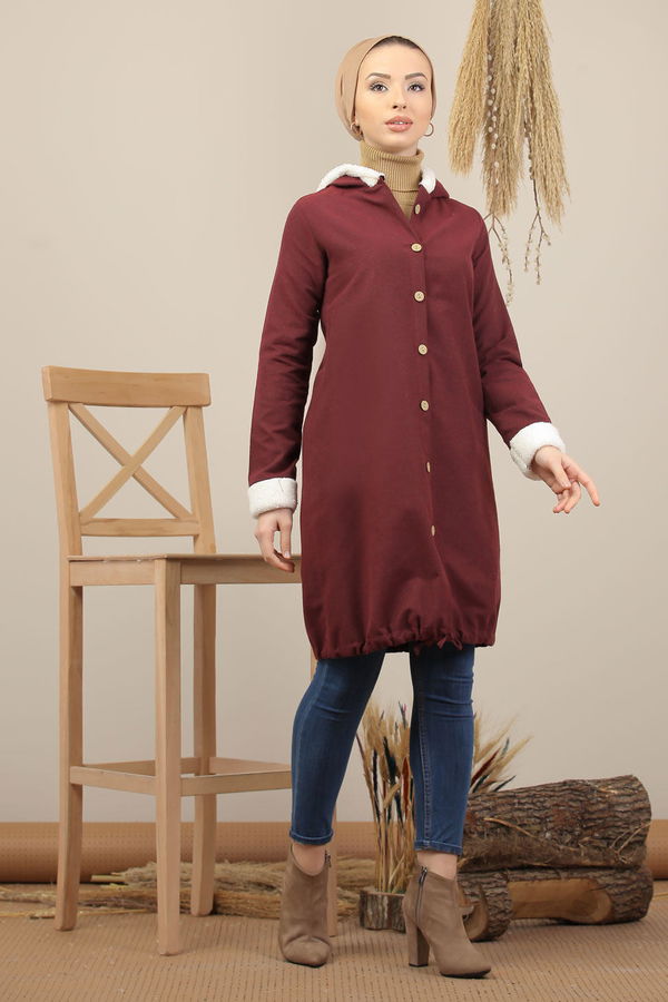 Düz Orta Kadın Bordo Peluş Detay Tunik  - 7983