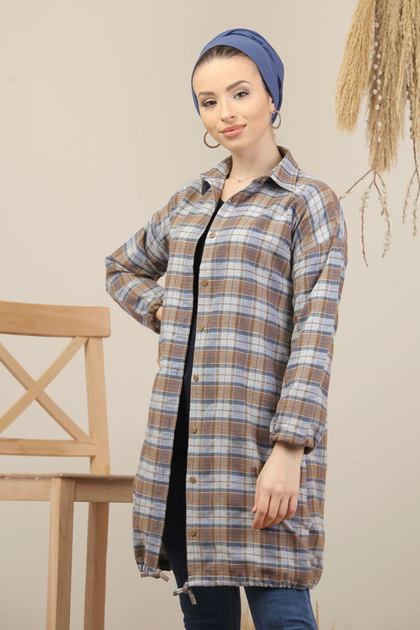 Düz Orta Kadın Vizon Ekose Tunik İpli Haki  - 7974