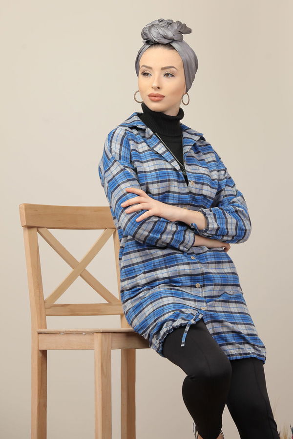 Düz Orta Kadın Gri Ekose Tunik İpli Vizon Haki  - 7976 GRİ