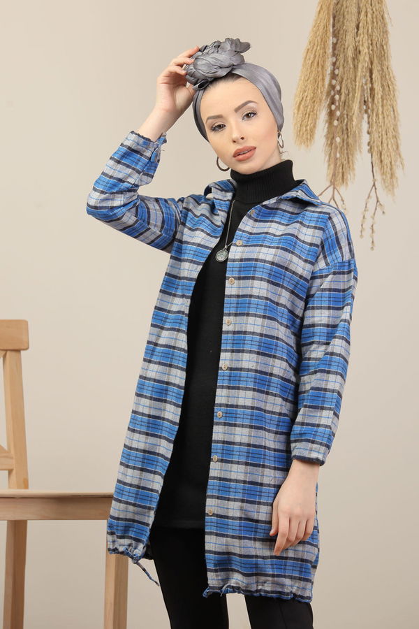 Düz Orta Kadın Gri Ekose Tunik İpli Vizon Haki  - 7976 GRİ