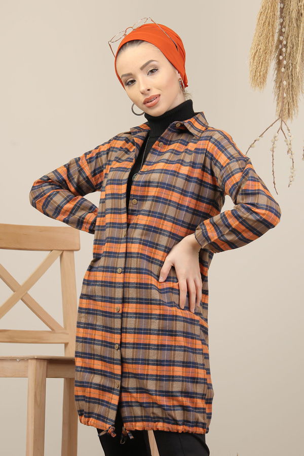 Düz Orta Kadın Kahverengi Ekose Tunik İpli Vizon Haki  - 7976 KAHVERENGİ