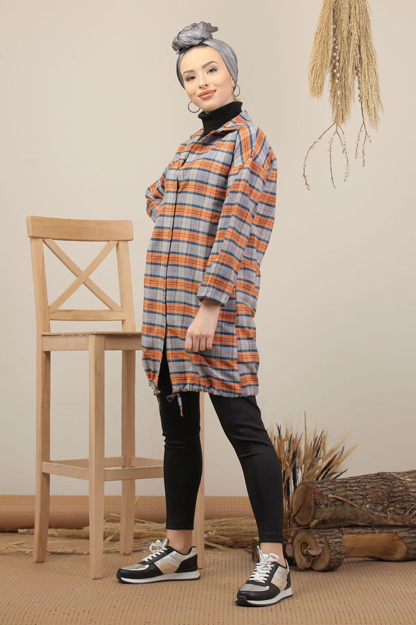 Düz Orta Kadın Gri Ekose Tunik İpli Gri Orange - 7976 - 7976 GRİ