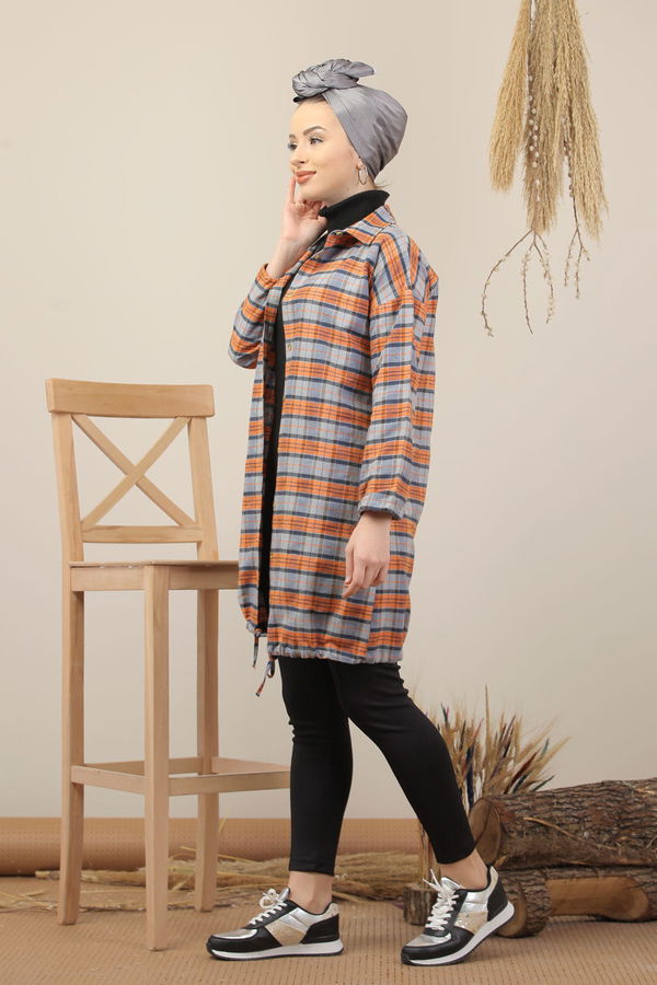 Düz Orta Kadın Gri Ekose Tunik İpli Gri Orange - 7976 - 7976 GRİ