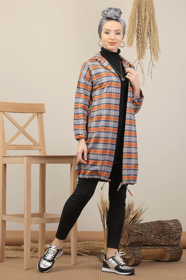 Düz Orta Kadın Gri Ekose Tunik İpli Gri Orange - 7976 - 7976 GRİ