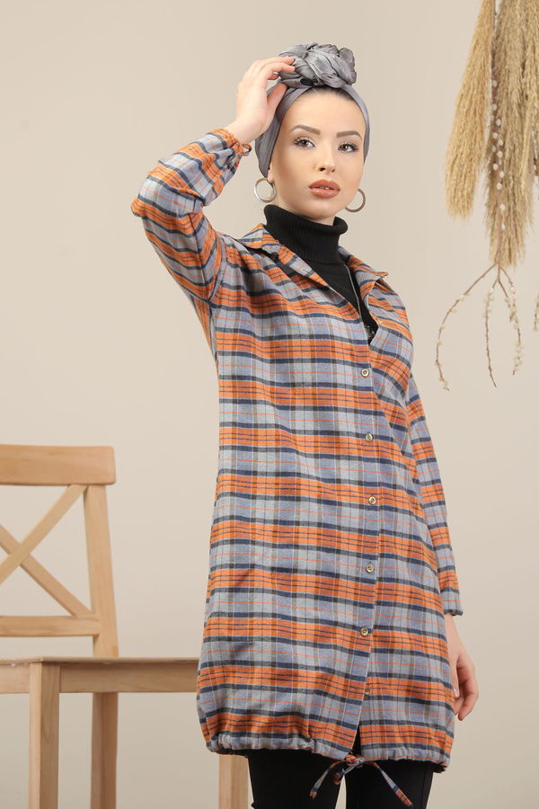 Düz Orta Kadın Gri Ekose Tunik İpli Gri Orange - 7976 - 7976 GRİ