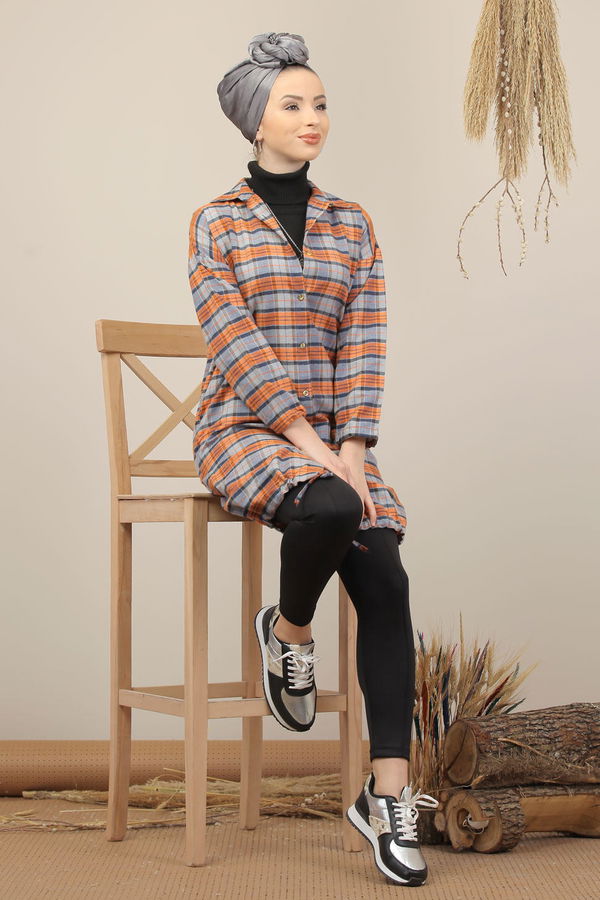 Düz Orta Kadın Gri Ekose Tunik İpli Gri Orange - 7976 - 7976 GRİ