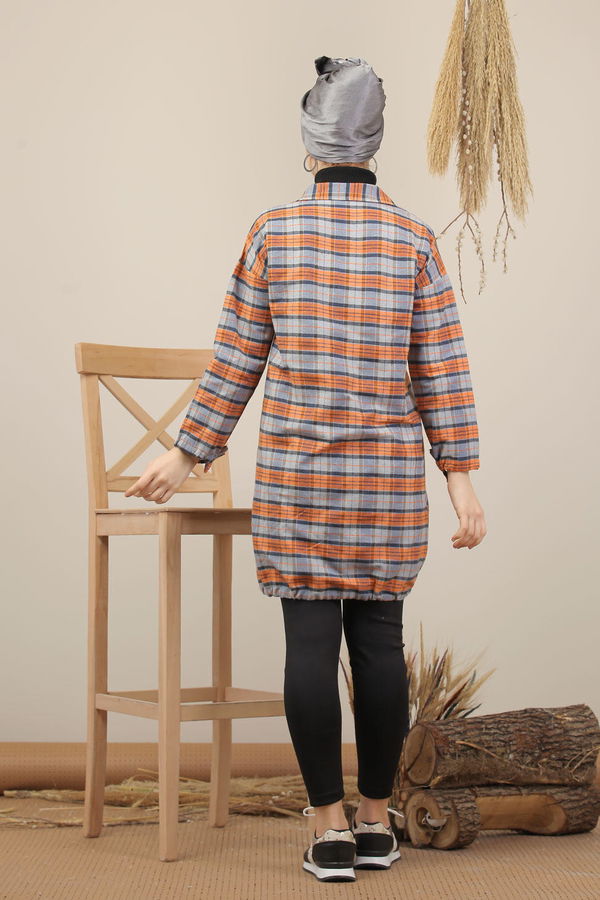 Düz Orta Kadın Gri Ekose Tunik İpli Gri Orange - 7976 - 7976 GRİ