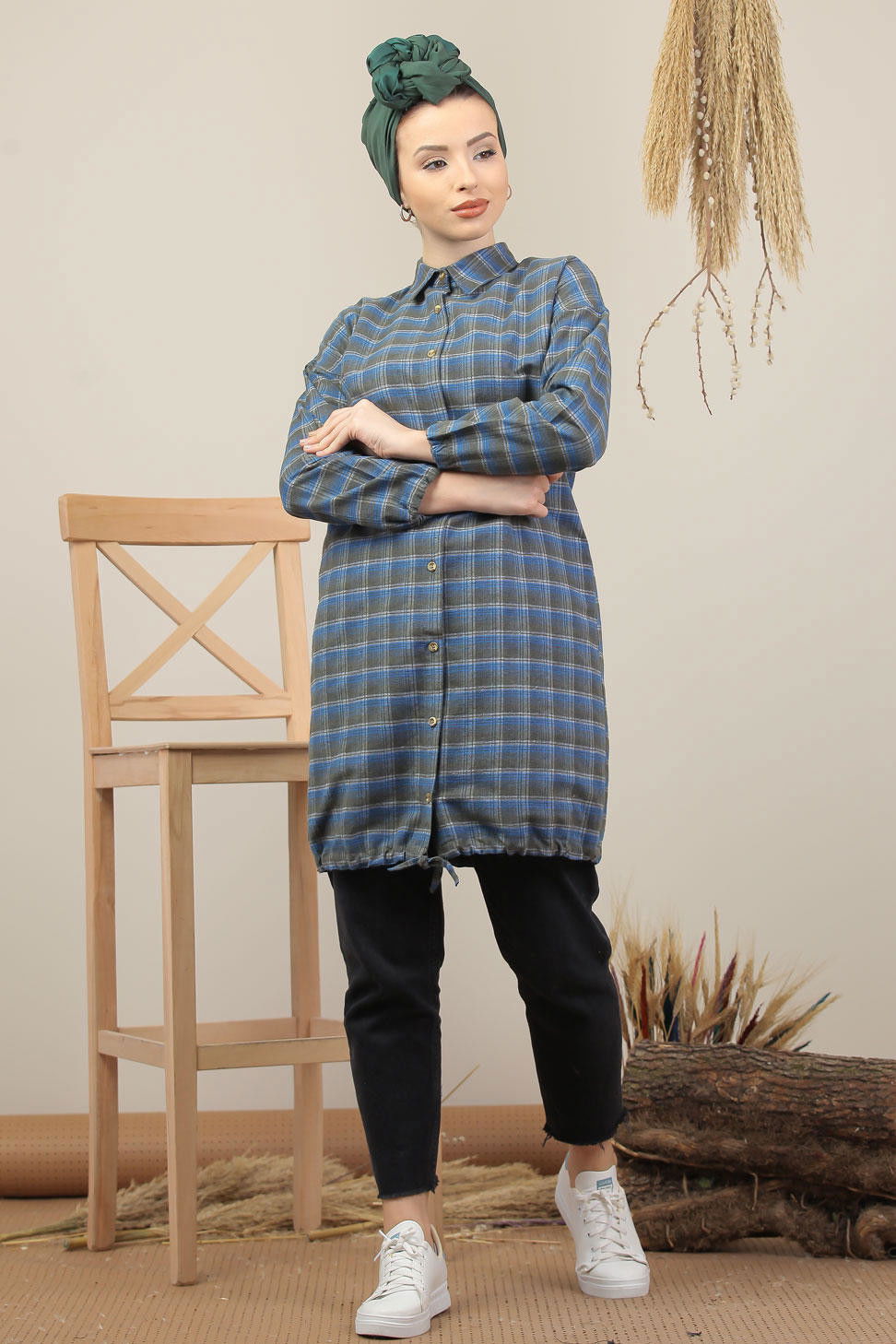 Düz Orta Kadın Haki Ekose Tunik İpli Yeşil  - 7987 HAKİ