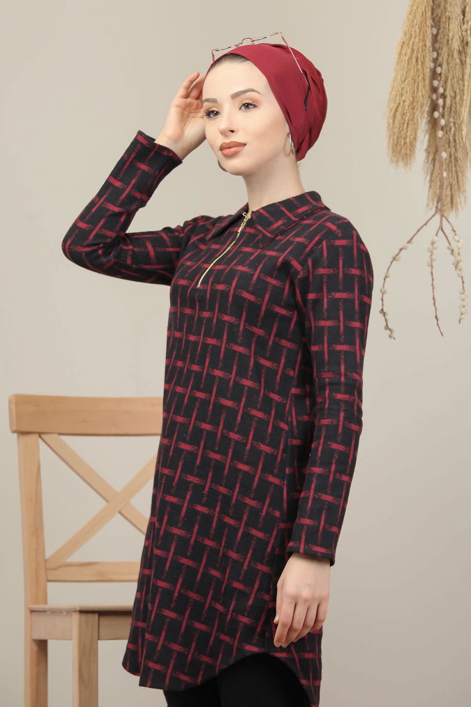 Düz Orta Kadın Bordo Ekose Tunik Siyah Haki  - 7995