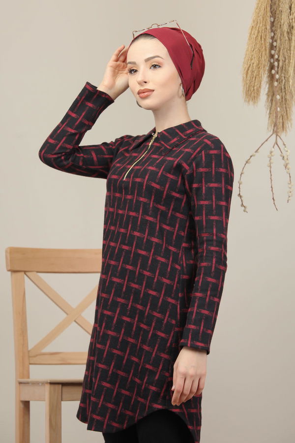 Düz Orta Kadın Bordo Ekose Tunik Siyah Haki  - 7995
