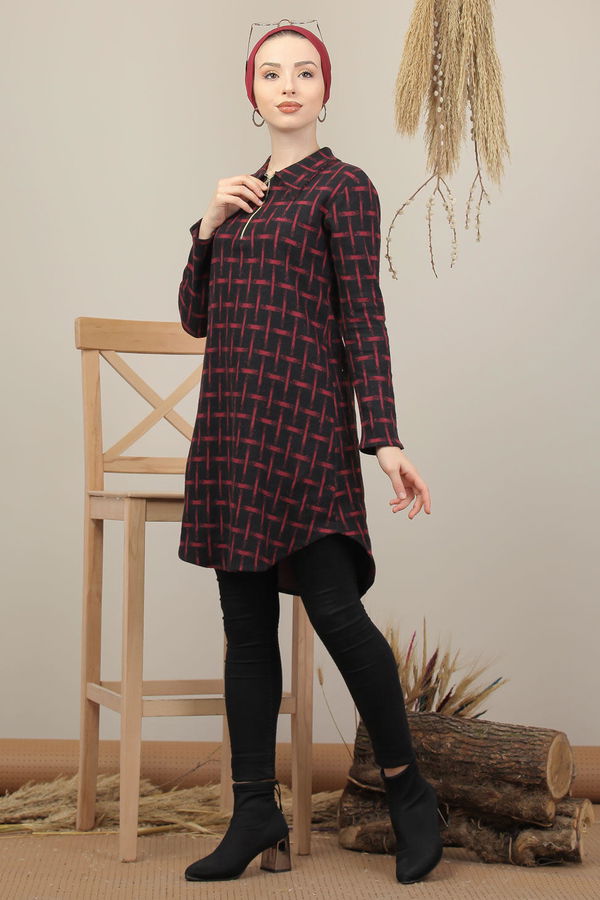 Düz Orta Kadın Bordo Ekose Tunik Siyah Haki  - 7995