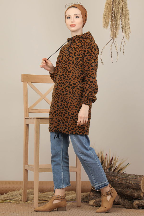 Düz Orta Kadın Kahverengi Kapşonlu Polar Tunik Leopar  - 8104 KAHVERENGİ