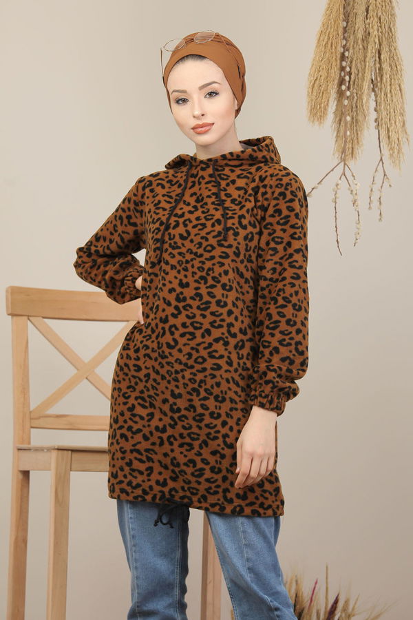 Düz Orta Kadın Kahverengi Kapşonlu Polar Tunik Leopar  - 8104 KAHVERENGİ