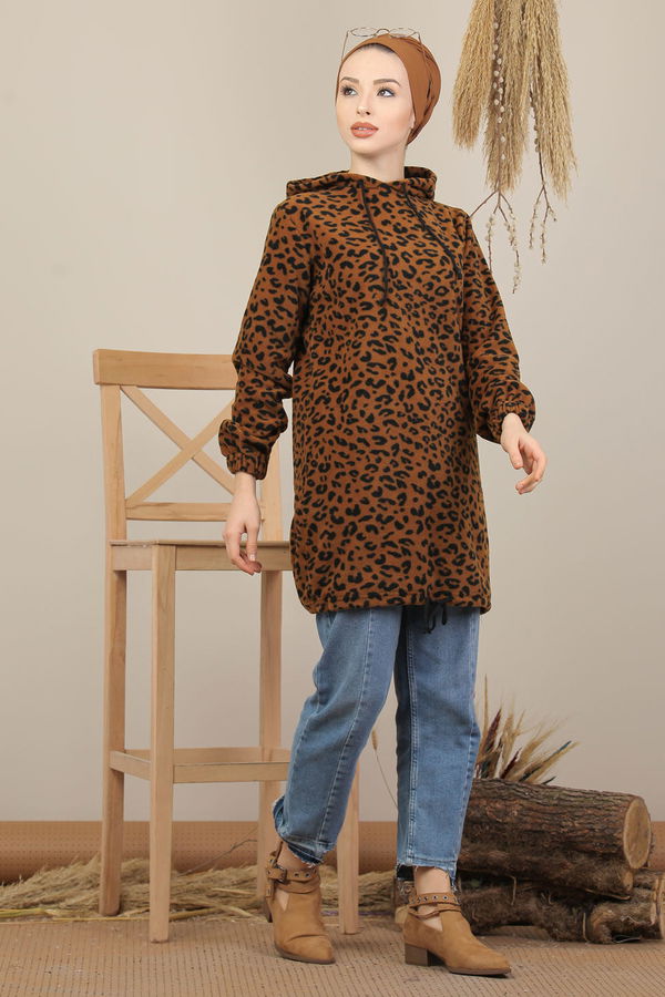 Düz Orta Kadın Kahverengi Kapşonlu Polar Tunik Leopar  - 8104 KAHVERENGİ