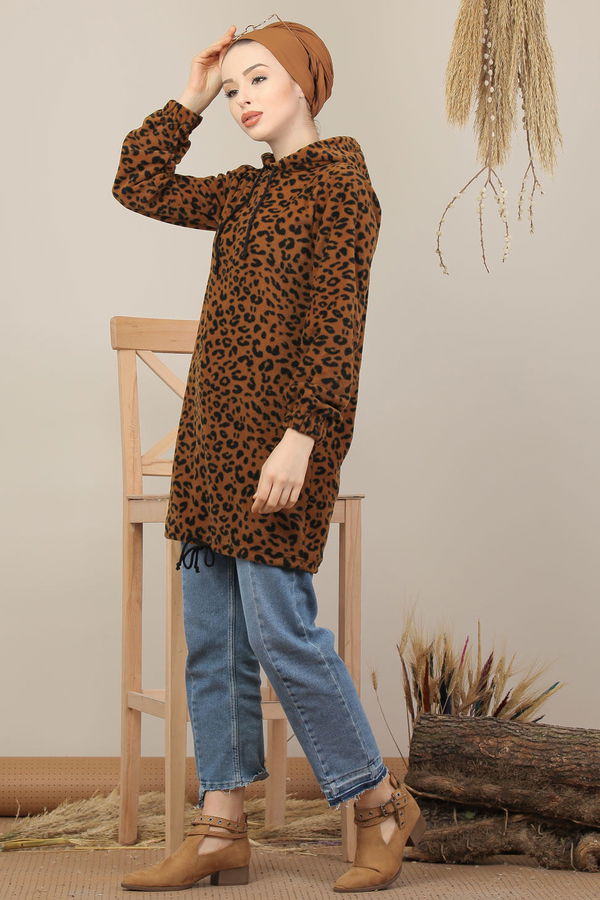 Düz Orta Kadın Kahverengi Kapşonlu Polar Tunik Leopar  - 8104 KAHVERENGİ