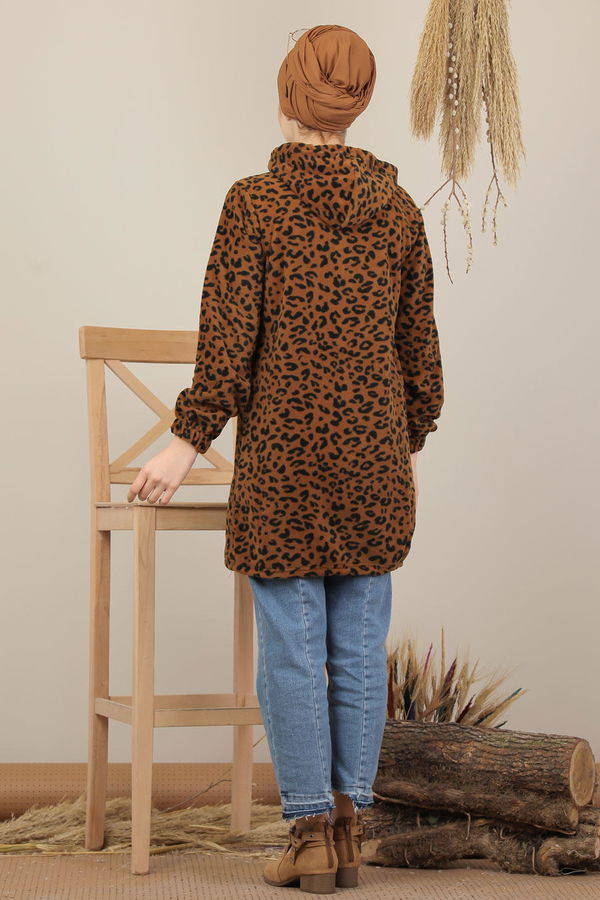 Düz Orta Kadın Kahverengi Kapşonlu Polar Tunik Leopar  - 8104 KAHVERENGİ