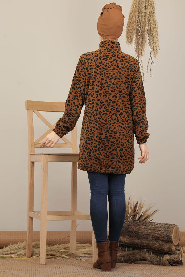 Düz Orta Kadın Kahverengi Bogazlı Yarım Fermuar Polar Tunik Leopar  - 8102 KAHVERENGİ