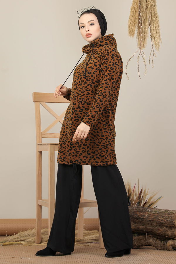 Düz Orta Kadın Kahverengi Polar Tunik Leopar - 8103 KAHVERENGİ