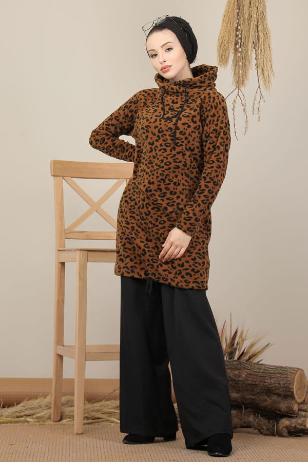 Düz Orta Kadın Kahverengi Polar Tunik Leopar - 8103 KAHVERENGİ
