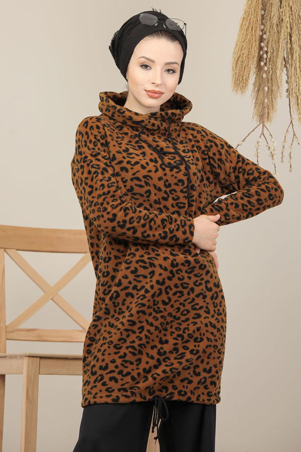 Düz Orta Kadın Kahverengi Polar Tunik Leopar - 8103 KAHVERENGİ