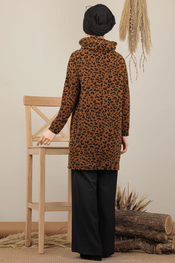 Düz Orta Kadın Kahverengi Polar Tunik Leopar - 8103 KAHVERENGİ