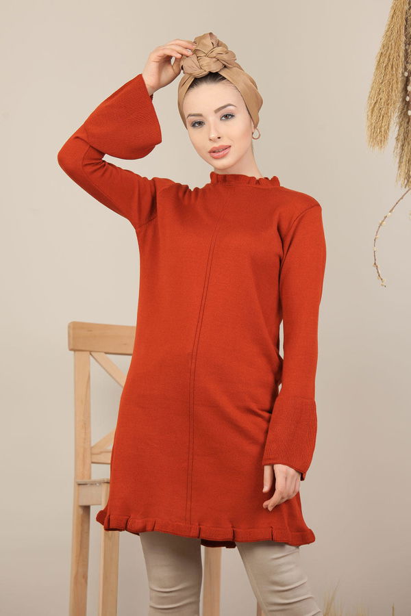 Düz Orta Kadın Kiremit Triko Tunik Siyah  - 8112 KİREMİT