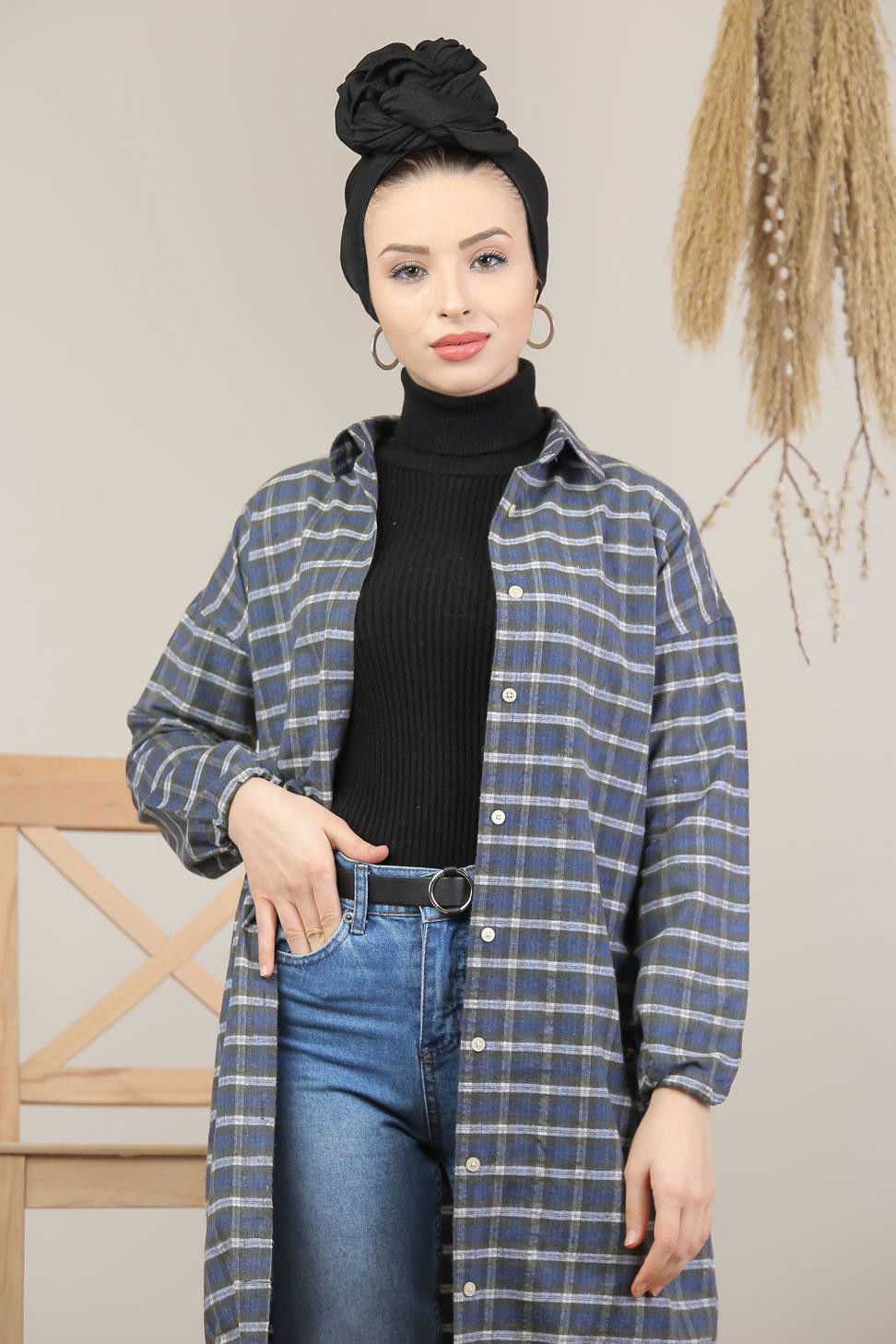 Düz Orta Kadın Mavi Ekose Tunik İpli Siyah Saks  - 7931 MAVİ