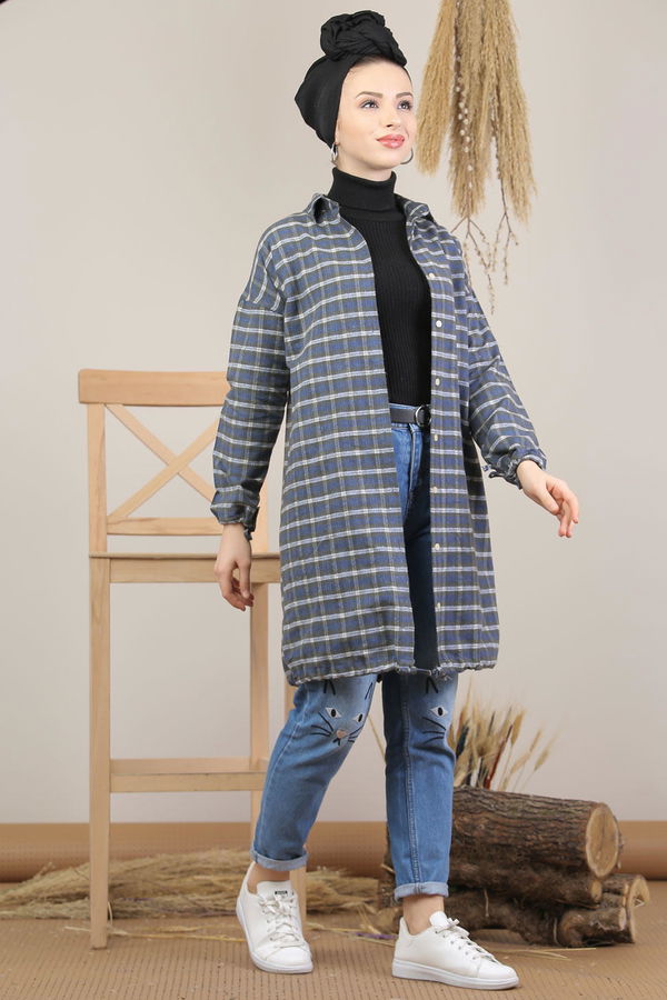 Düz Orta Kadın Mavi Ekose Tunik İpli Siyah Saks  - 7931 MAVİ
