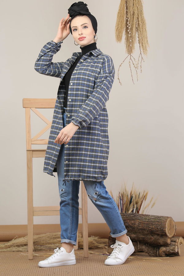 Düz Orta Kadın Mavi Ekose Tunik İpli Siyah Saks  - 7931 MAVİ