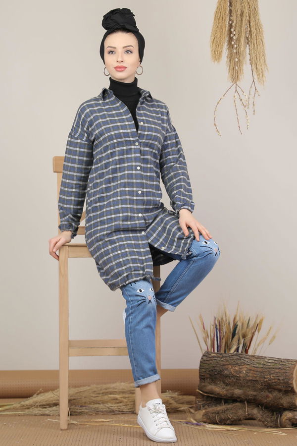 Düz Orta Kadın Mavi Ekose Tunik İpli Siyah Saks  - 7931 MAVİ