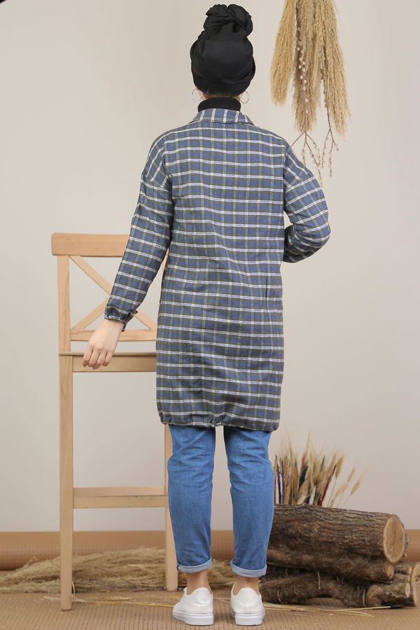 Düz Orta Kadın Mavi Ekose Tunik İpli Siyah Saks  - 7931 MAVİ