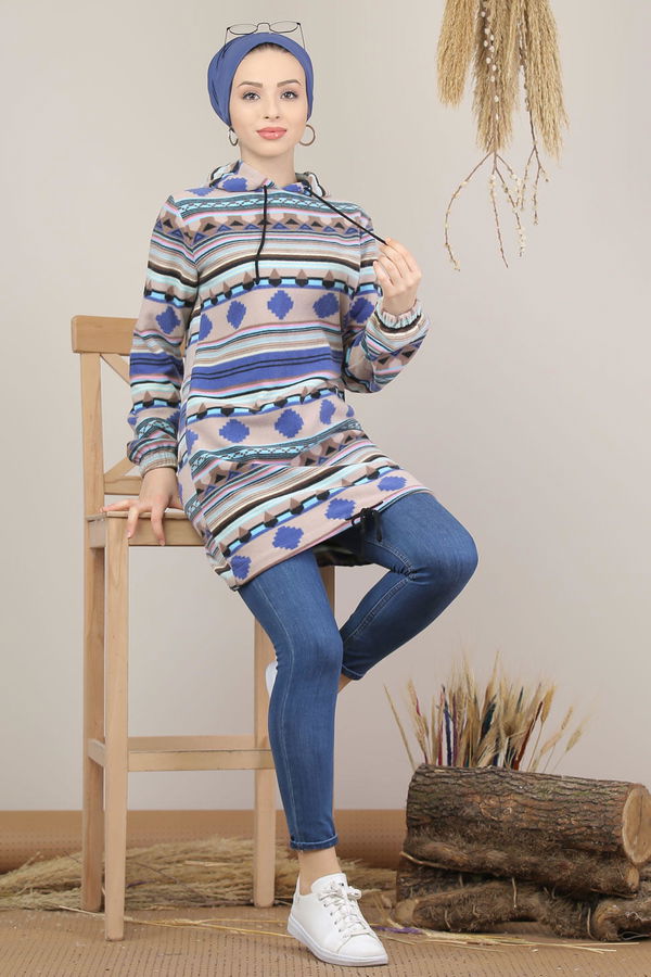 Düz Orta Kadın Mavi Etnik Desen Polar Tunik İndigo  - 8119 MAVİ