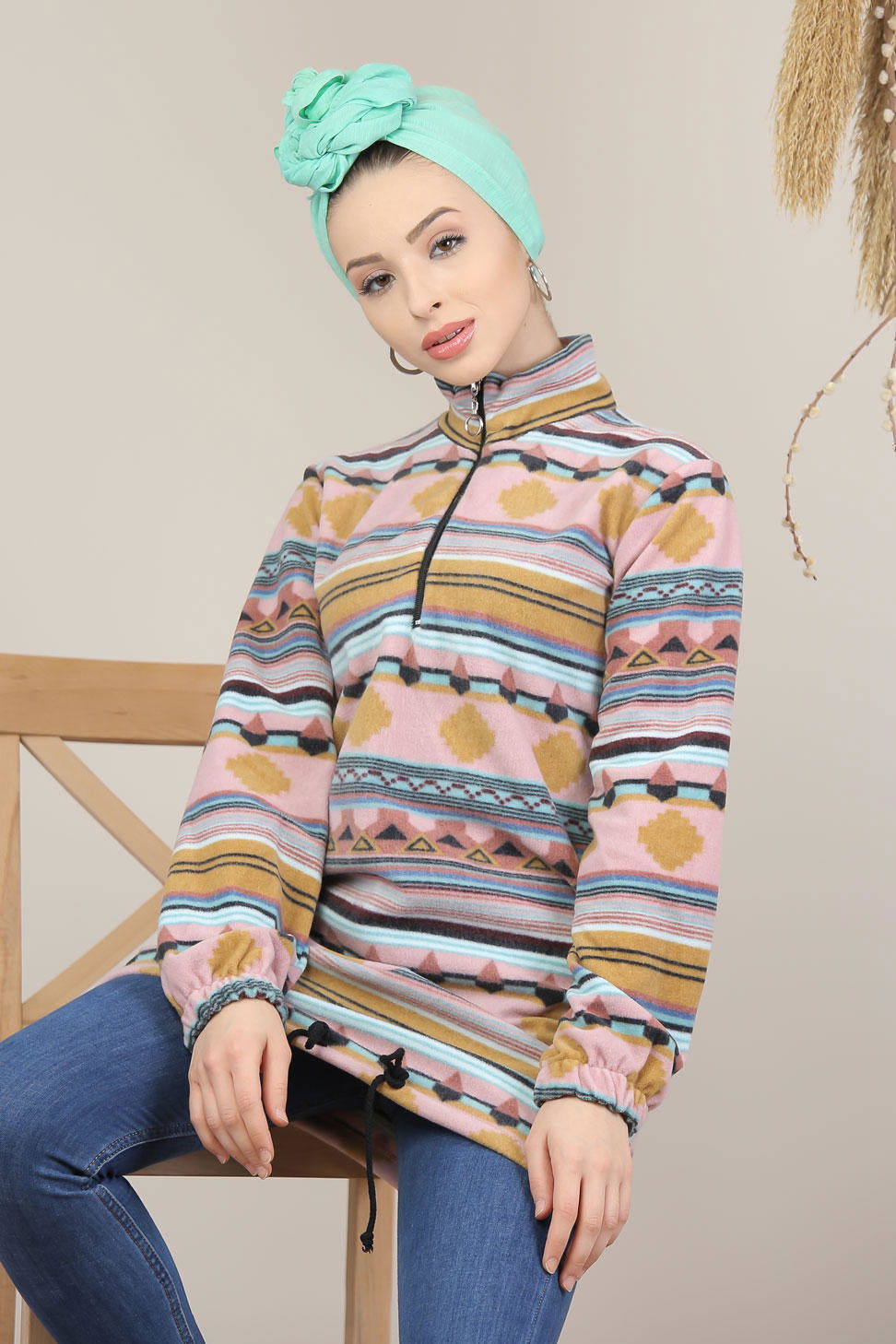 Düz Orta Kadın Pembe Yarım Fermuar Polar Tunik Yeşil  - 8120 PEMBE