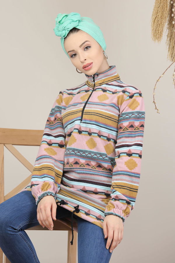 Düz Orta Kadın Pembe Yarım Fermuar Polar Tunik Yeşil  - 8120 PEMBE