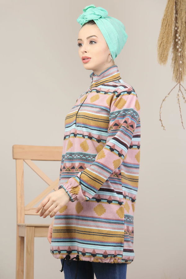 Düz Orta Kadın Pembe Yarım Fermuar Polar Tunik Yeşil  - 8120 PEMBE