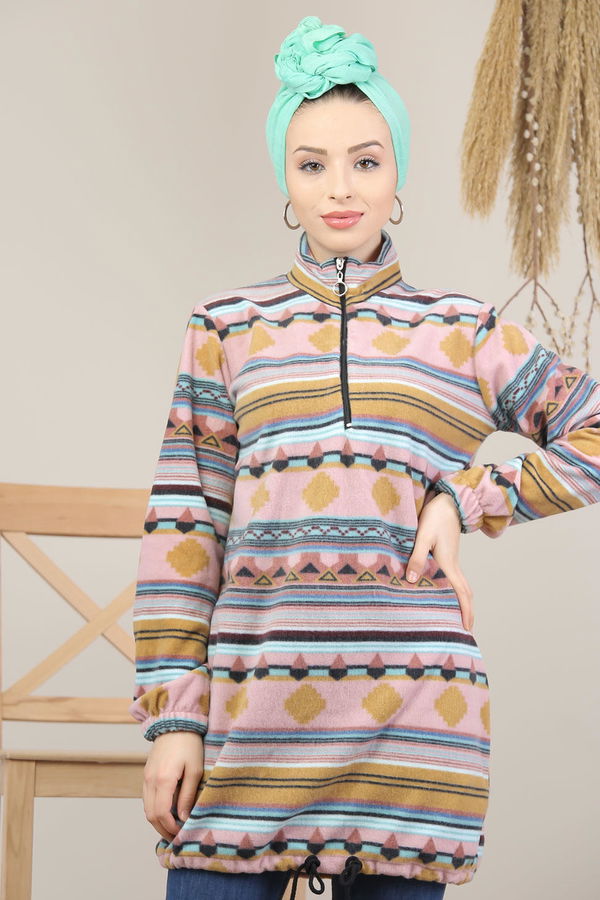 Düz Orta Kadın Pembe Yarım Fermuar Polar Tunik Yeşil  - 8120 PEMBE